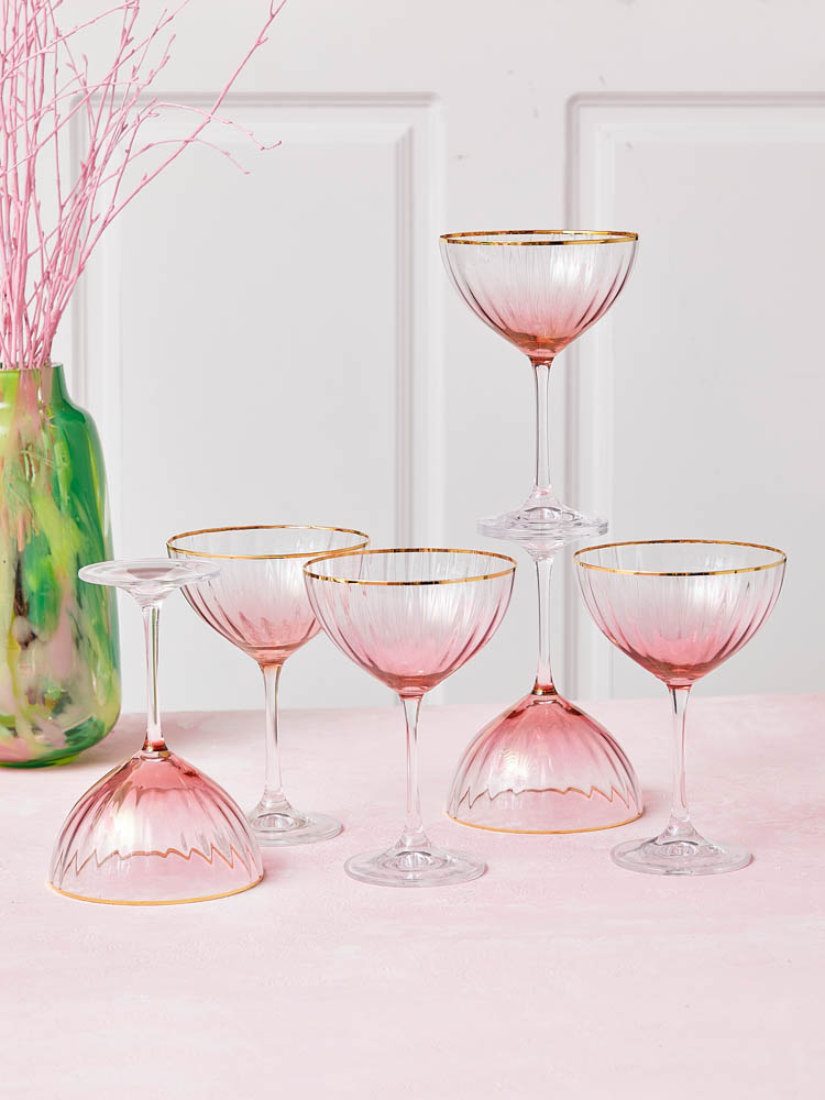 Kate series champagne glasses or champagne bowls glass in pink with gold rim