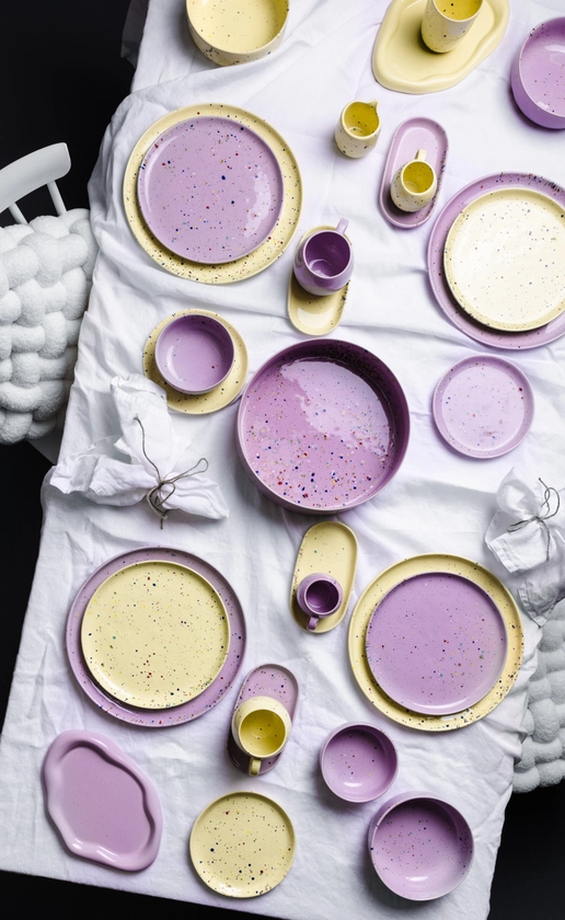 egg back home confetti series - ceramic cups, bowls and plates in different sizes.