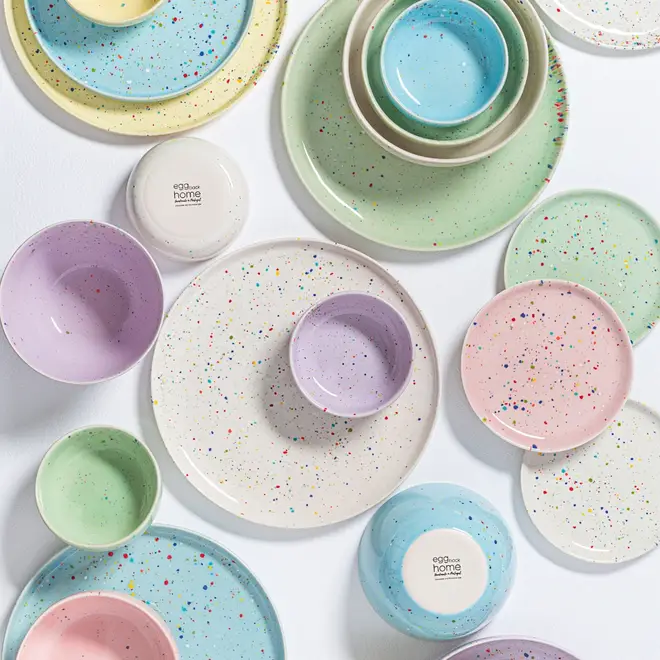 egg back home confetti series - ceramic cups, bowls and plates in different sizes.