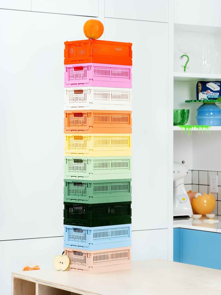 Made crate boxes made of recycled plastic mini boxes in different colors.