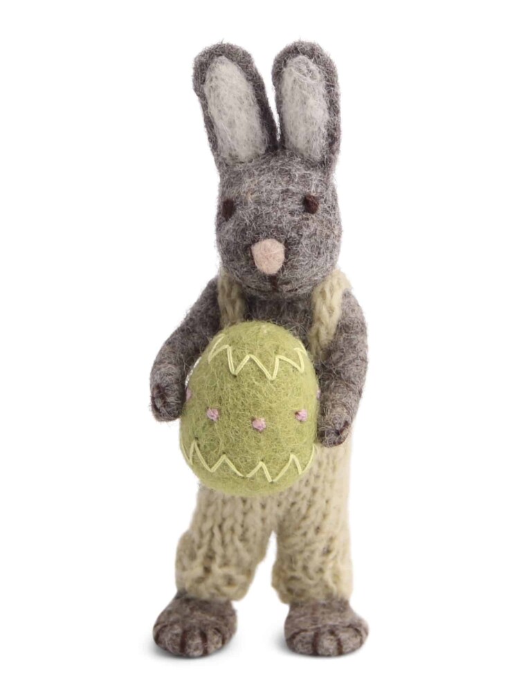 felt has with pants and blue egg, 21312, Easter bunny,hare in white wool, a pot and sift, one pot & sift, remix by sofie, table decorations, ornaments for branches sustainable decoration, organic wool, Easter decorations