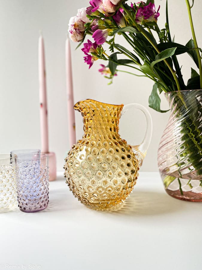 2 liters jug in light amber, remix by sofie, 2 liters jug, anna von lipa hedgehog jug, jug in hedgehog glass, anna von lipa dealer, anna von lipa jug, anna von lipa hedgehog jug, hedgehog jug, hedgehog jug, hedgehog pitcher,hobnail jug,hobnail glass,hobnail glass pitcher