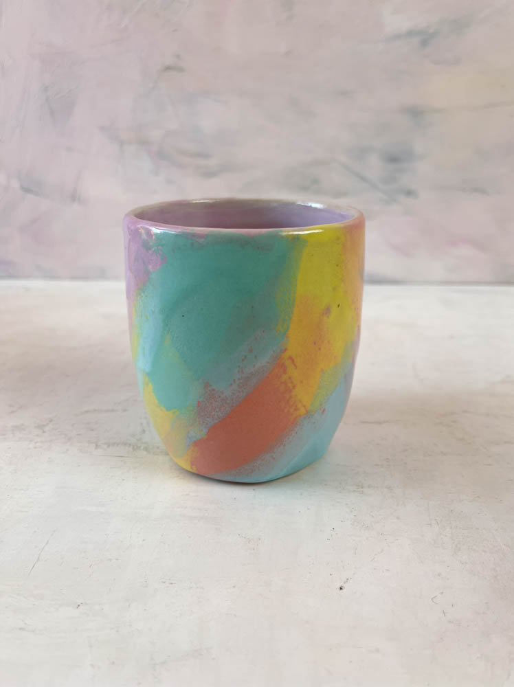 handmade cups without handles in rainbow ceramic splashes from clay by tina marie, remix by sofie,