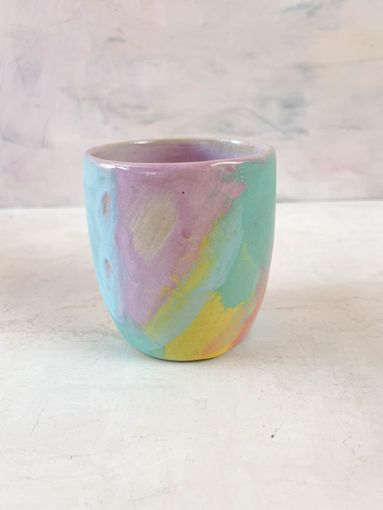 handmade cups without handles in rainbow ceramic splashes from clay by tina marie, remix by sofie,