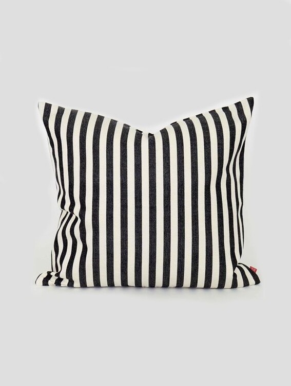 remix by sofie, afroart, pillow, interior design, fair trade. afroart pillow donia with black and white stripes 50 x 50 cm.