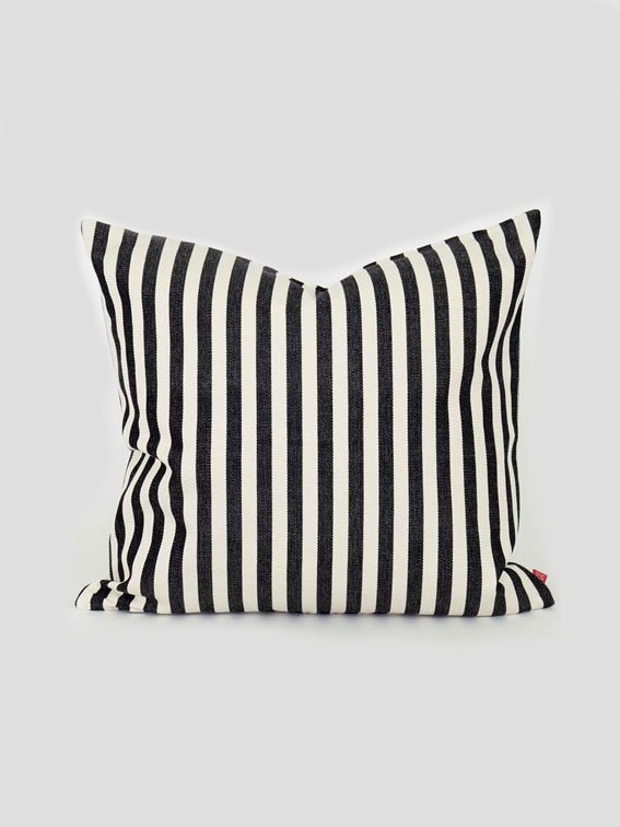 remix by sofie, afroart, pillow, interior design, fair trade. afroart pillow donia with black and white stripes 50 x 50 cm.