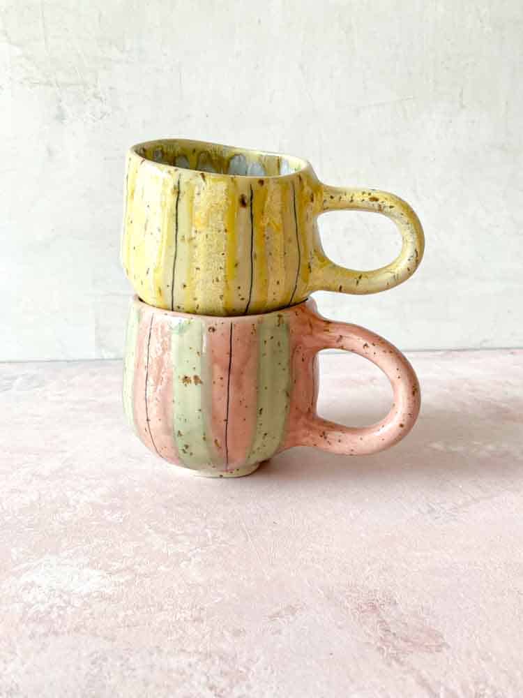 cup with handle, Hygge cup, hyggekop, cup with stripes, ceramic cup, ceramic cups, yellow cup, remix by sofie, mia lindbirk, striped cup, mug, coffee cup, handmade cup, ceramic from mia lindbirk