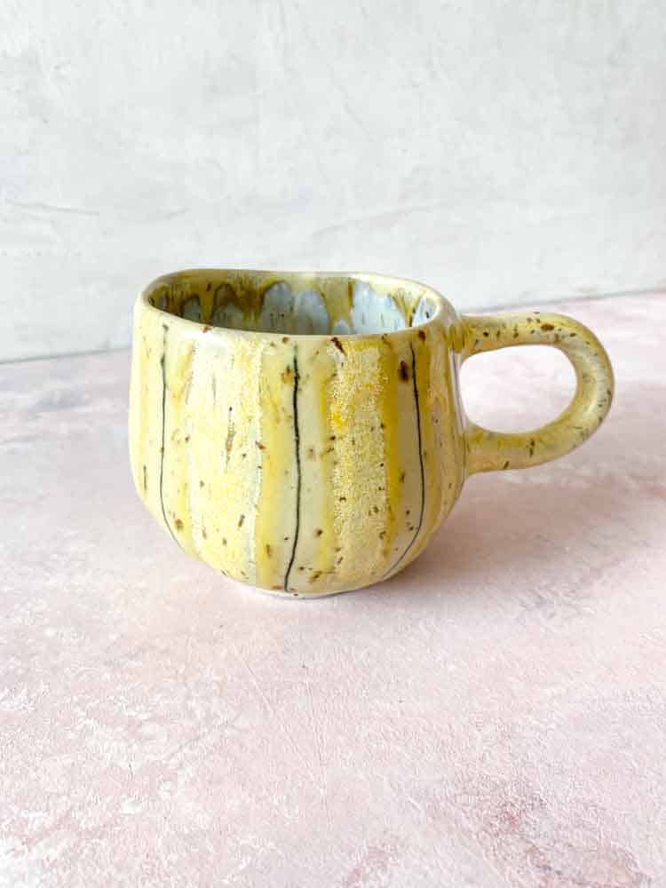 cup with handle, Hygge cup, hyggekop, cup with stripes, ceramic cup, ceramic cups, yellow cup, remix by sofie, mia lindbirk, striped cup, mug, coffee cup, handmade cup, ceramic from mia lindbirk