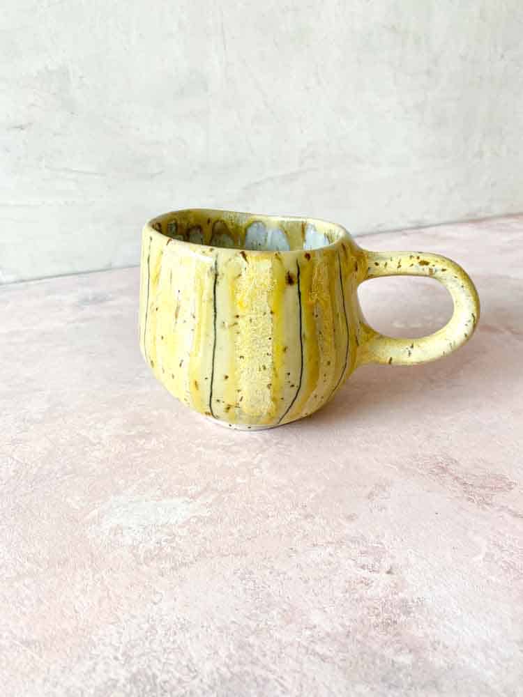 cup with handle, Hygge cup, hyggekop, cup with stripes, ceramic cup, ceramic cups, yellow cup, remix by sofie, mia lindbirk, striped cup, mug, coffee cup, handmade cup, ceramic from mia lindbirk