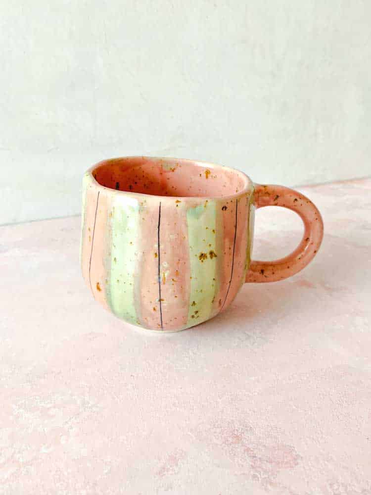 cup with handle, Hygge cup, hyggekop, cup with stripes, ceramic cup, ceramic cups, yellow cup, remix by sofie, mia lindbirk, striped cup, mug, coffee cup, handmade cup, ceramic from mia lindbirk