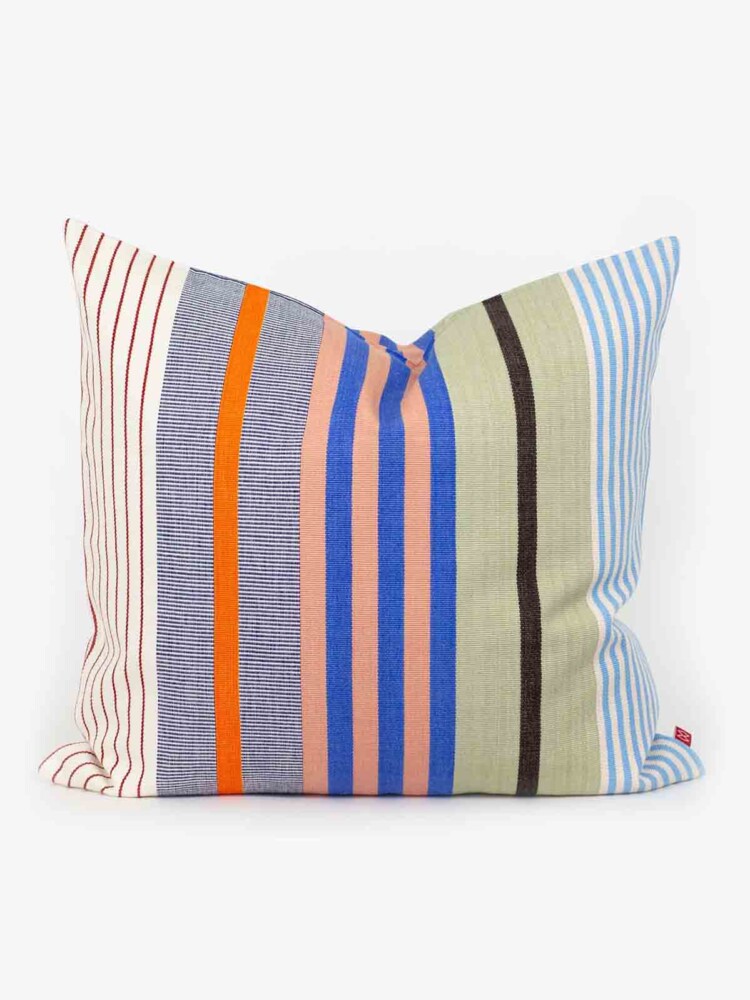 afroart cushion oliva with blue stiber 50 x 50, afroart cushions, afroart, fairtrade cushion, home decor, home interior, remix by sofie, colorful home interior, colorful cushion, cushions with stripes, guatamala, Swedish design, olivia afroart, fairtrade pillow, home decor, home interior, colorful home interior, fiifi pillow green strip