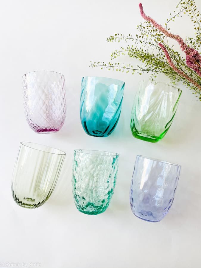 Anna von lipa, Remix by Sofie, Anna von lipa glass, handblown glass, handblown glass, drinking glass, water glass, colored glass, mix and mattck glass, mix & mattck glass, tumbler, wawe glass, swirl glass, harlequin glass, spiral glass, bamboo glass, olive glass, table cover, anna von lipa glass, anna von lipa retailer