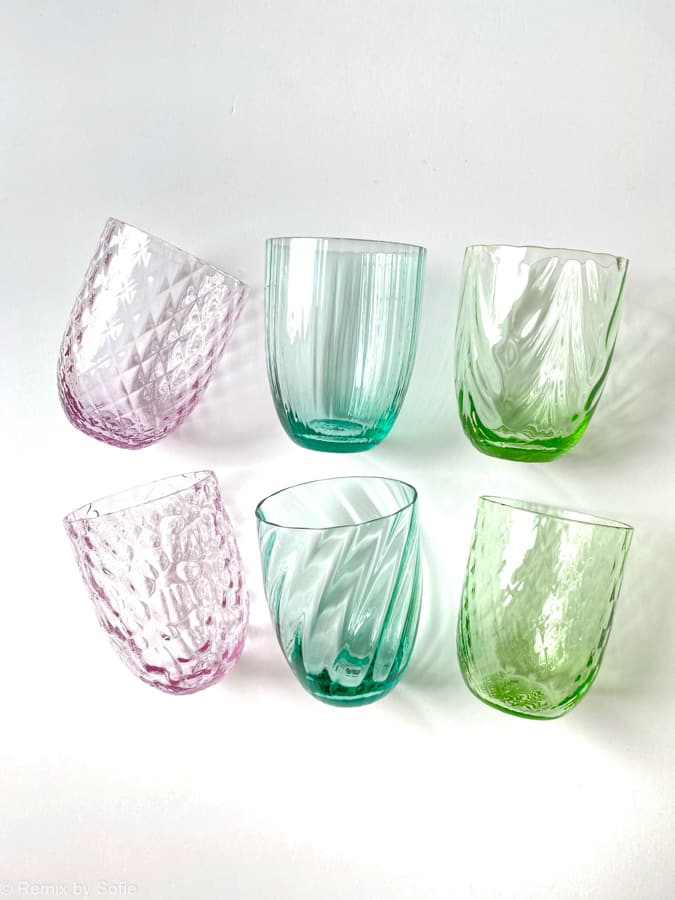 Anna von lipa, Remix by Sofie, Anna von lipa glass, handblown glass, handblown glass, drinking glass, water glass, colored glass, mix and mattck glass, mix & mattck glass, tumbler, wawe glass, swirl glass, harlequin glass, spiral glass, bamboo glass, olive glass, table cover, anna von lipa glass, anna von lipa retailer