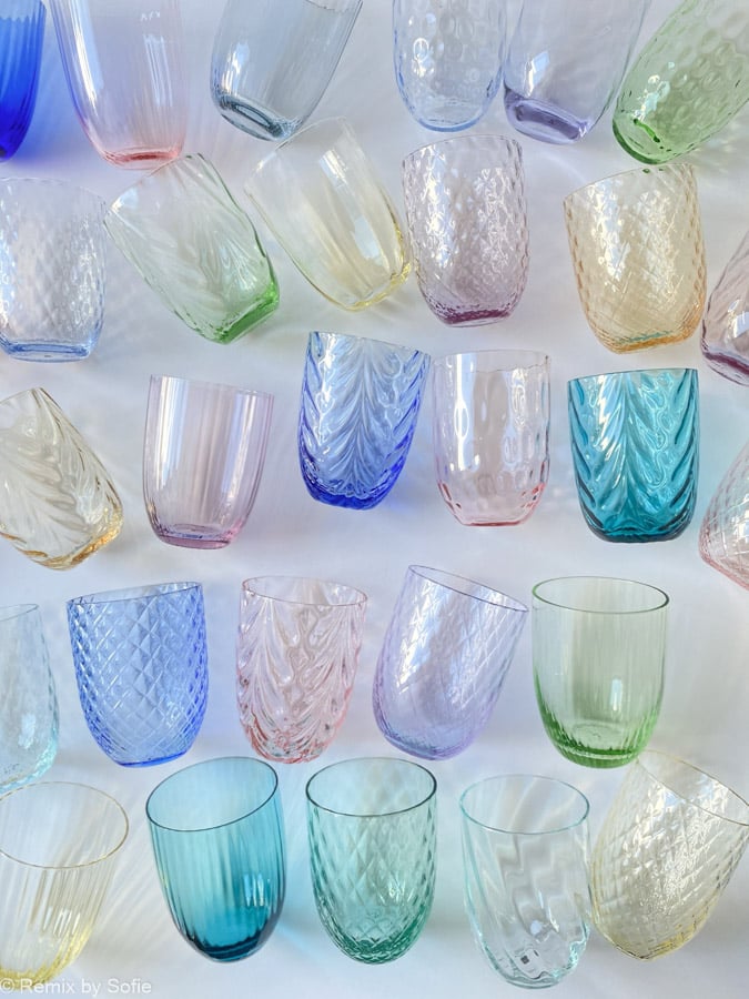 Anna von lipa, Remix by Sofie, Anna von lipa glass, handblown glass, handblown glass, drinking glass, water glass, colored glass, mix and mattck glass, mix & mattck glass, tumbler, wawe glass, swirl glass, harlequin glass, spiral glass, bamboo glass, olive glass, table cover, anna von lipa glass, anna von lipa retailer