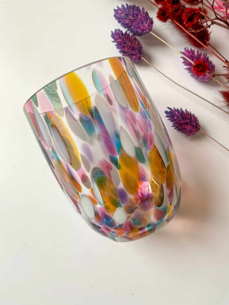 multicolor full, remix by sofie, mouthblown glass, glass with opal spots, anna von lipa mix & match, swil glass, wawe glass, harlequin glass, tumbler, water glass, drinking glass, drinking glass, anna von lipa,multicolor, splash, big splash,anna von lipa mix & match, swil glass, wawe glass, harlequin glass, tumbler, water glass, drinking glass, drinking glass