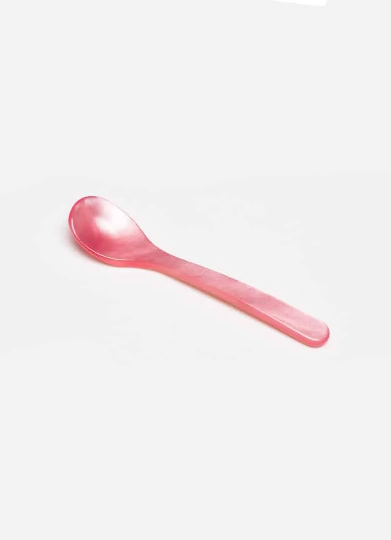 salty, hem söhne, g.f hem søhne, G. F home Schöne, spoonful of pink, plastic, egg spoon, breakfast table, table setting,