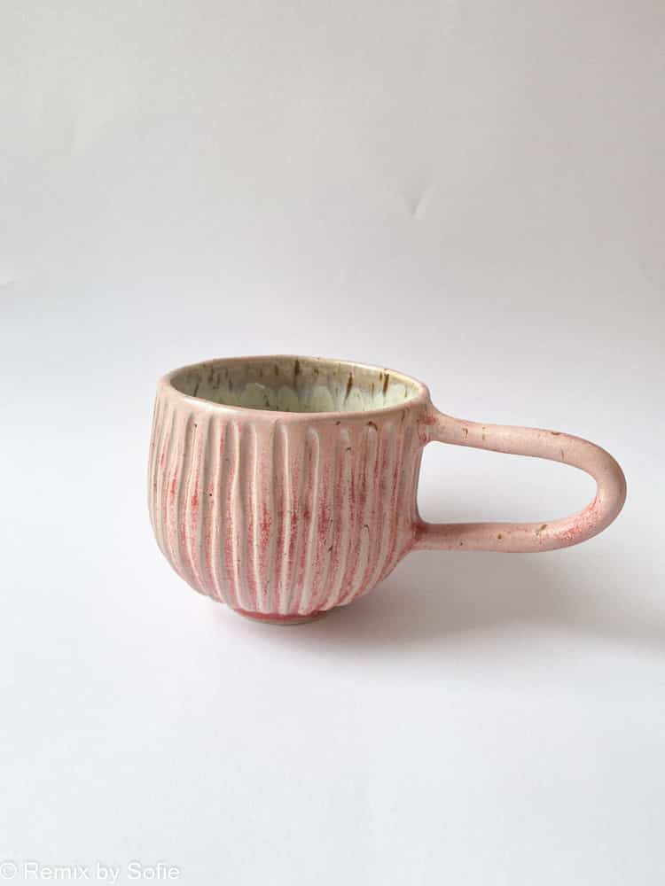 Nice cup with wide grooves in mint blue, cup in mint, ceramic cup, ceramic cups, yellow cup, remix by Sophie, mia lime birch.