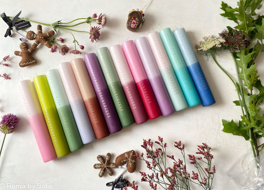 two-color calendar light, two-color calendar light, Christmas lights, colored lights, parrafine lights, steroidine lights, handmade lights, soot-free lights, calendar light, colored calendar light, date light, Christmas decorations, pastel lights, calendar light in pastel colors, remix by sofie