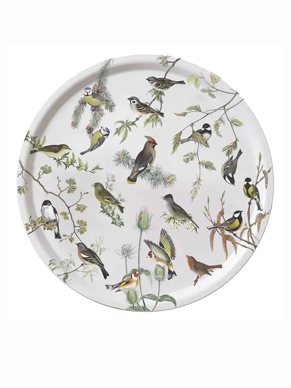 koustrup & co round tray in birch in mint green with birds