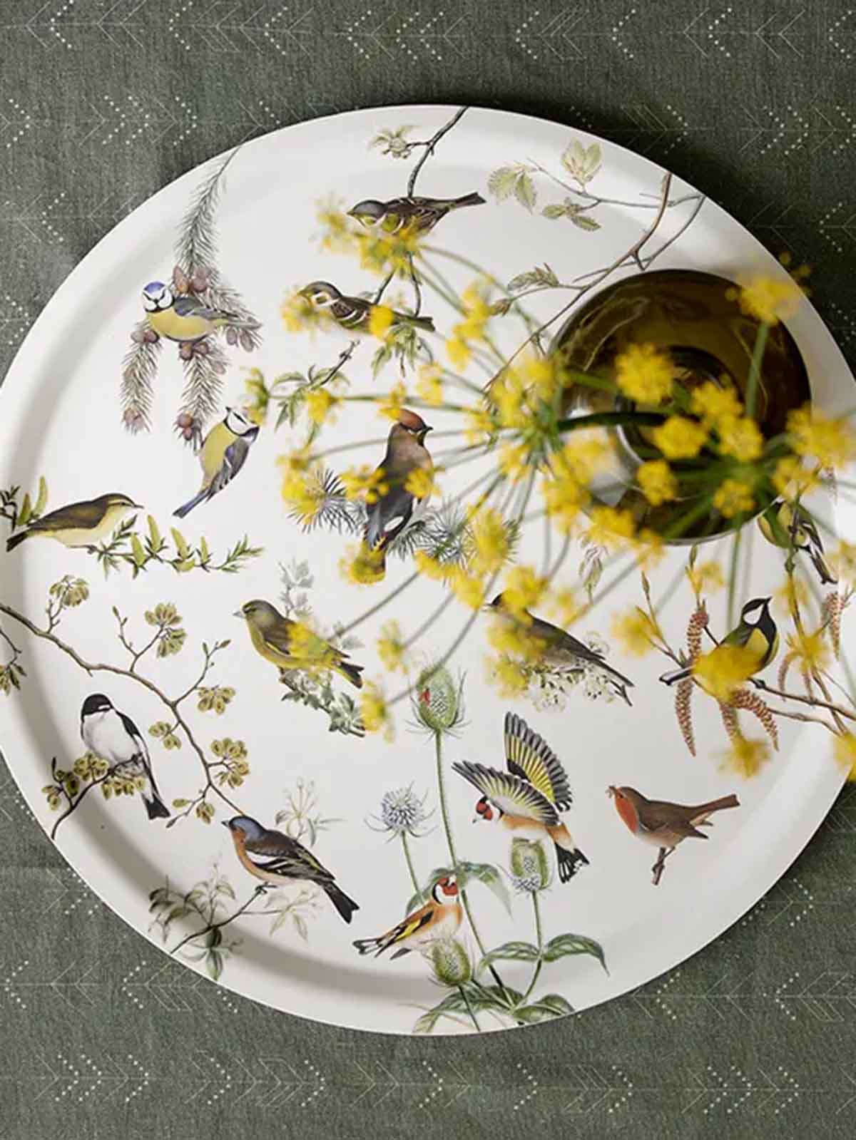koustrup & co round tray in birch in mint green with birds