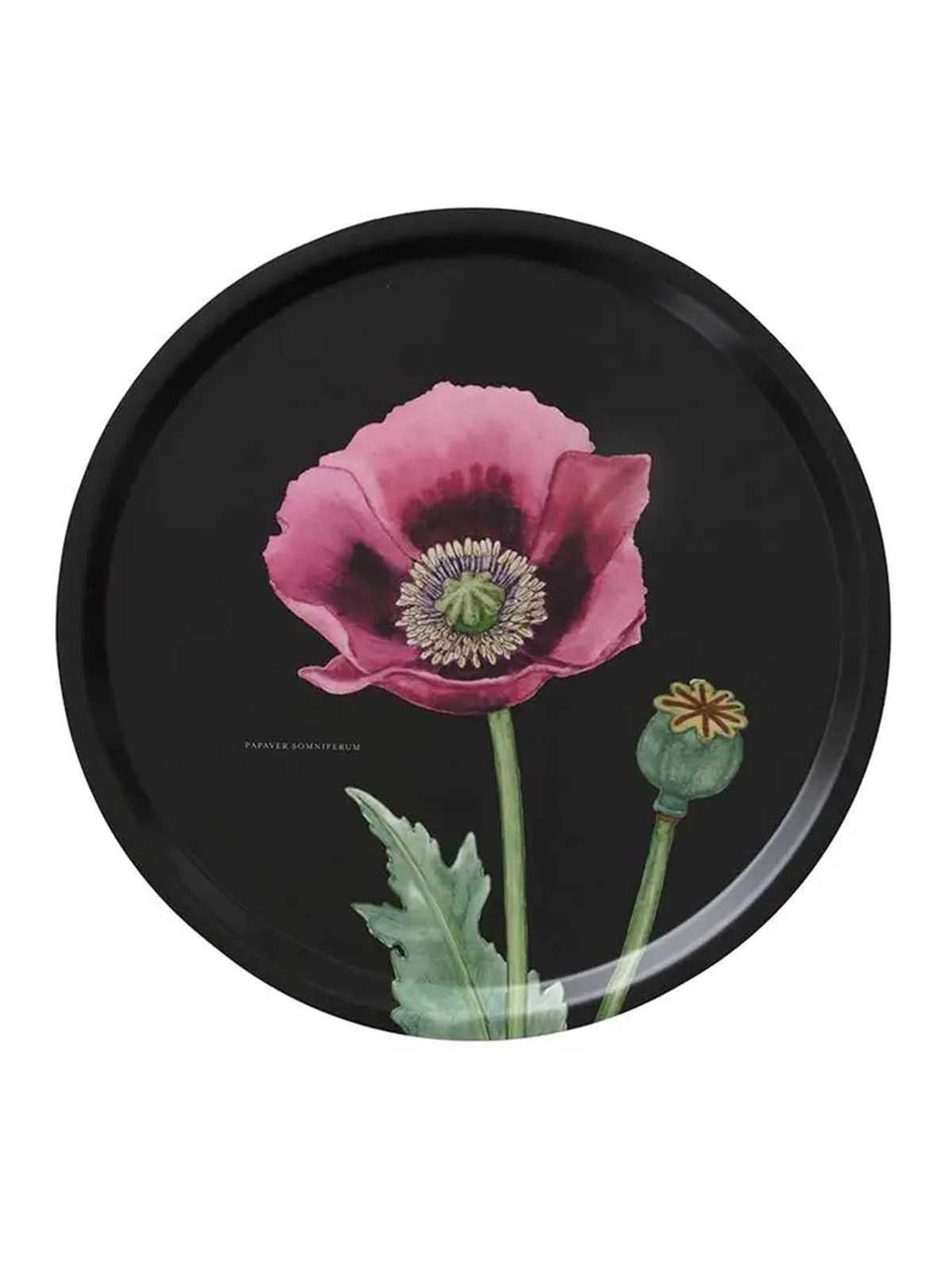koustrup & co round tray in birch wood in black with poppies