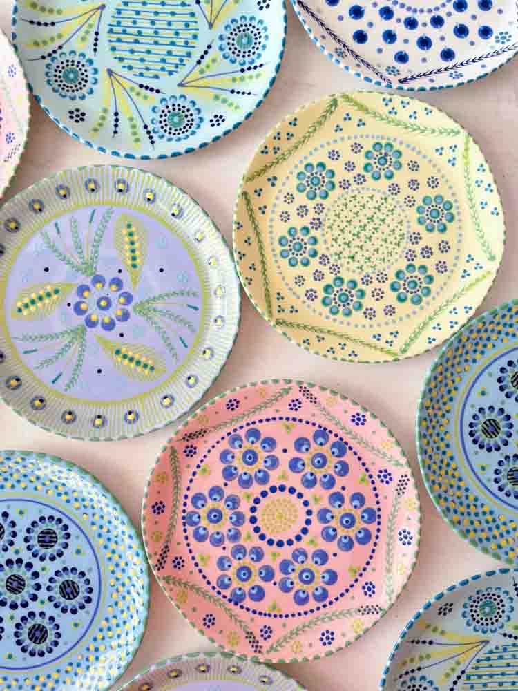 potterswork mahaba series, love series, drill cover, plates, bowls, small bowls, hand painted, pink, light yellow, potters work, remix by sofie, ceramics