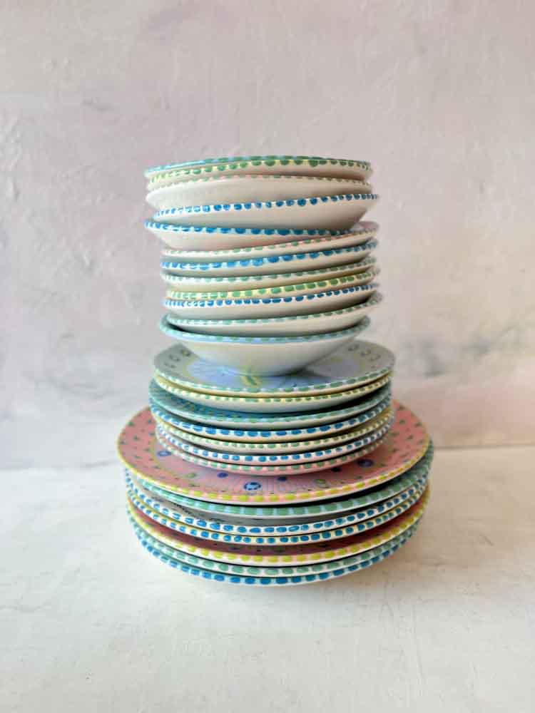 potterswork mahaba series, love series, drill cover, plates, bowls, small bowls, hand painted, pink, light yellow, potters work, remix by sofie, ceramics