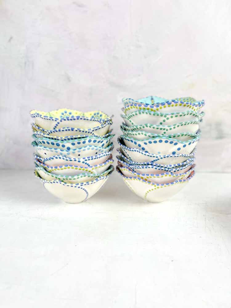 potterswork mahaba series, love series, drill cover, plates, bowls, small bowls, hand painted, pink, light yellow, potters work, remix by sofie, ceramics
