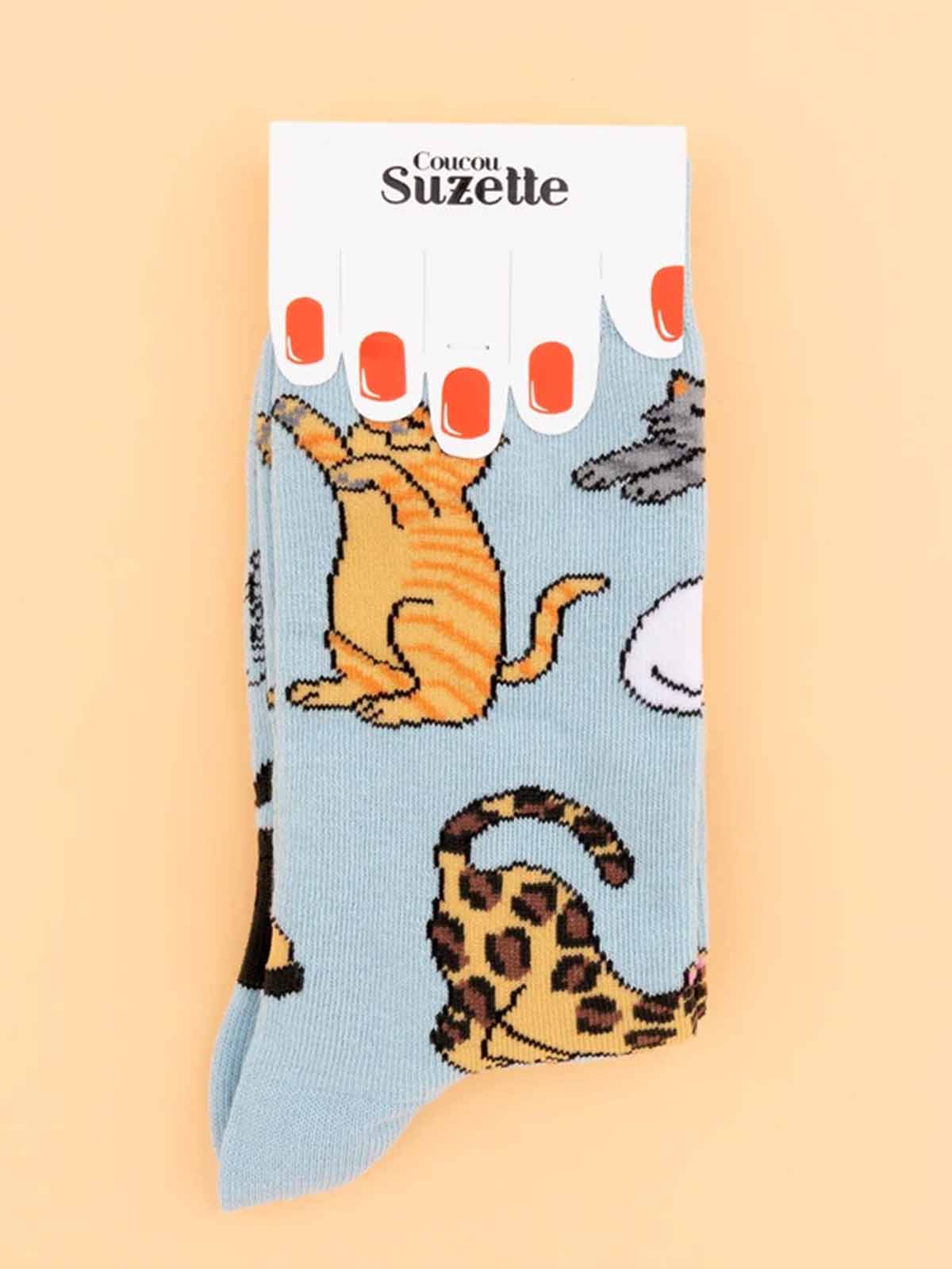 cotton socks in light blue with cats - Coucou Suzette