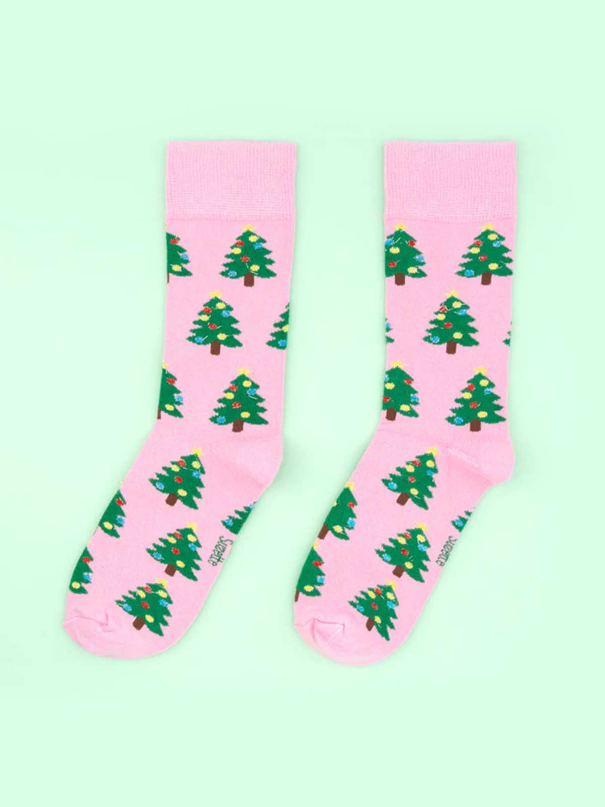 cotton socks in pink with Christmas trees - Coucou Suzette