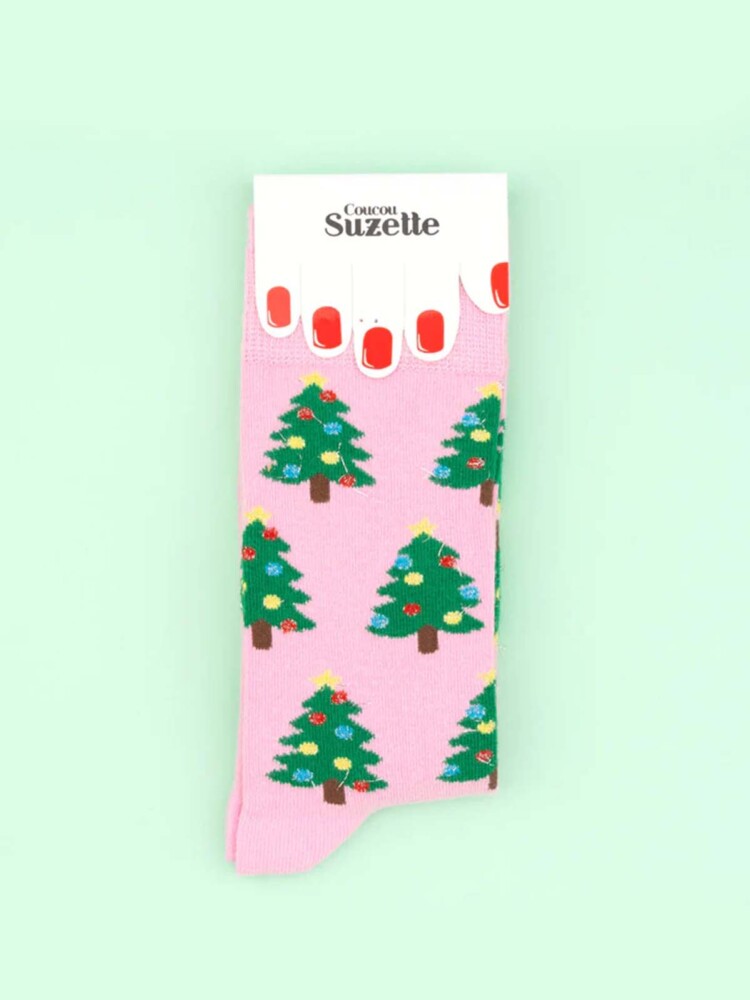 cotton socks in pink with Christmas trees - Coucou Suzette