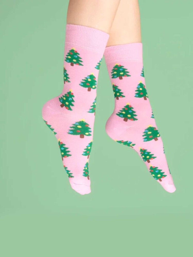 cotton socks in pink with Christmas trees - Coucou Suzette