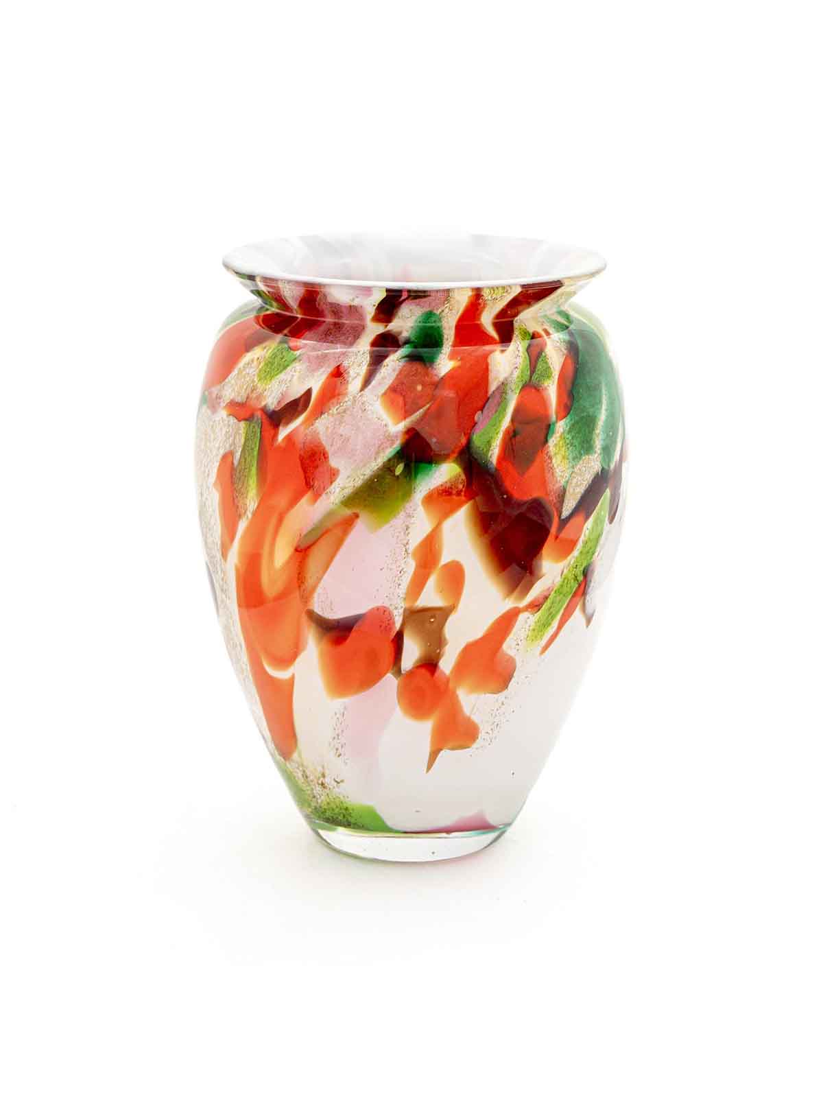 flower vase in mouth blown glass 22 cm, white with pink, red and green colors - Remix by Sofie.