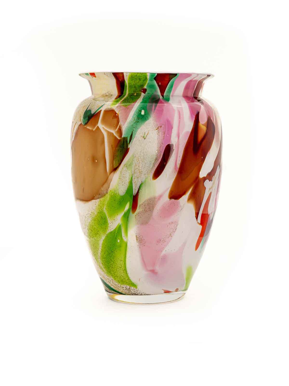 flower vase in mouth blown glass 22 cm, white with pink, red and green colors - Remix by Sofie.