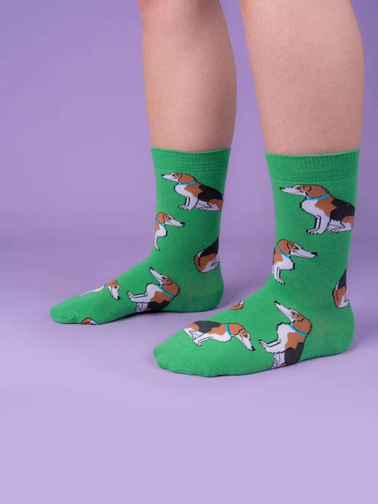 green with beagle stocking, stockings with dogs, remix by sofie, cou cou suzette, stockings, stockings in cotton, Italian cotton, stockings produced in cotton,
