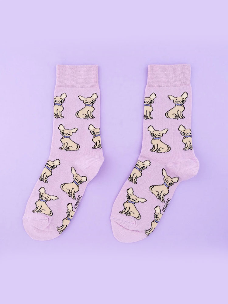 purple with chihuahua stocking, stockings with dogs, remix by sofie, cou cou suzette, stockings, stockings in cotton, Italian cotton, stockings produced in cotton,