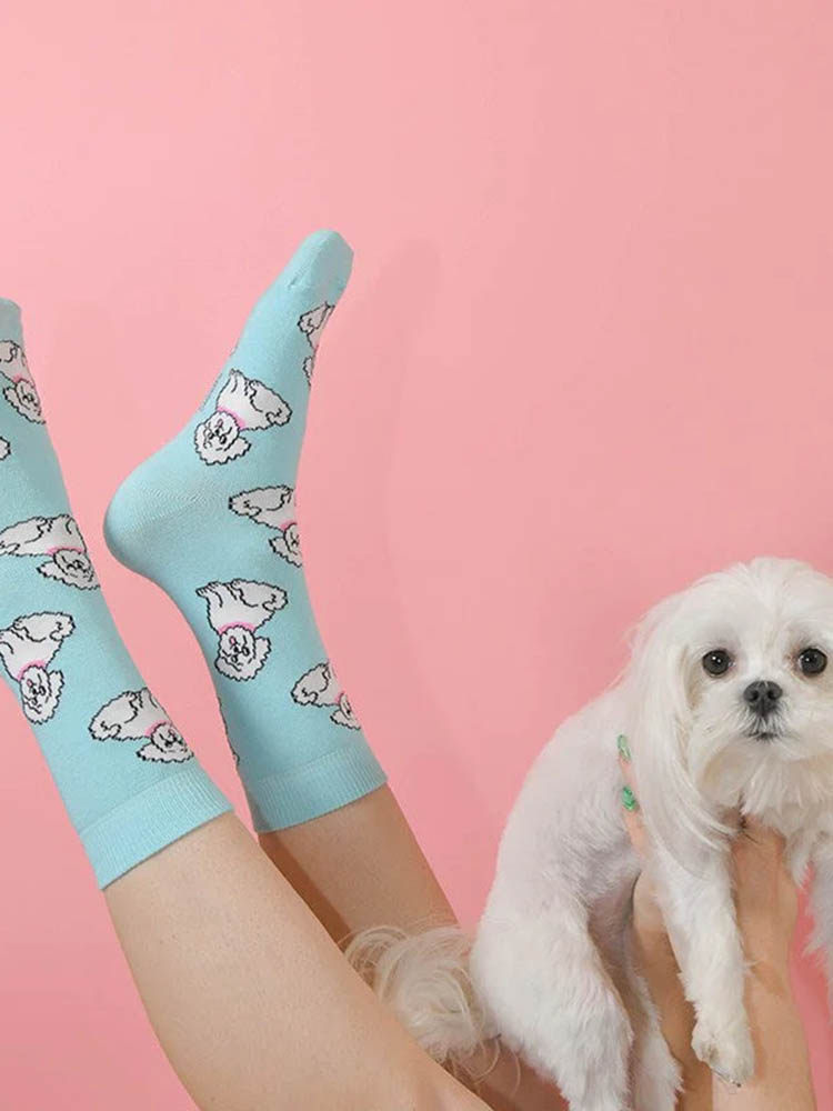 mint green with bichon stocking, stockings with dogs, remix by sofie, cou cou suzette, stockings, stockings in cotton, Italian cotton, stockings produced in cotton,
