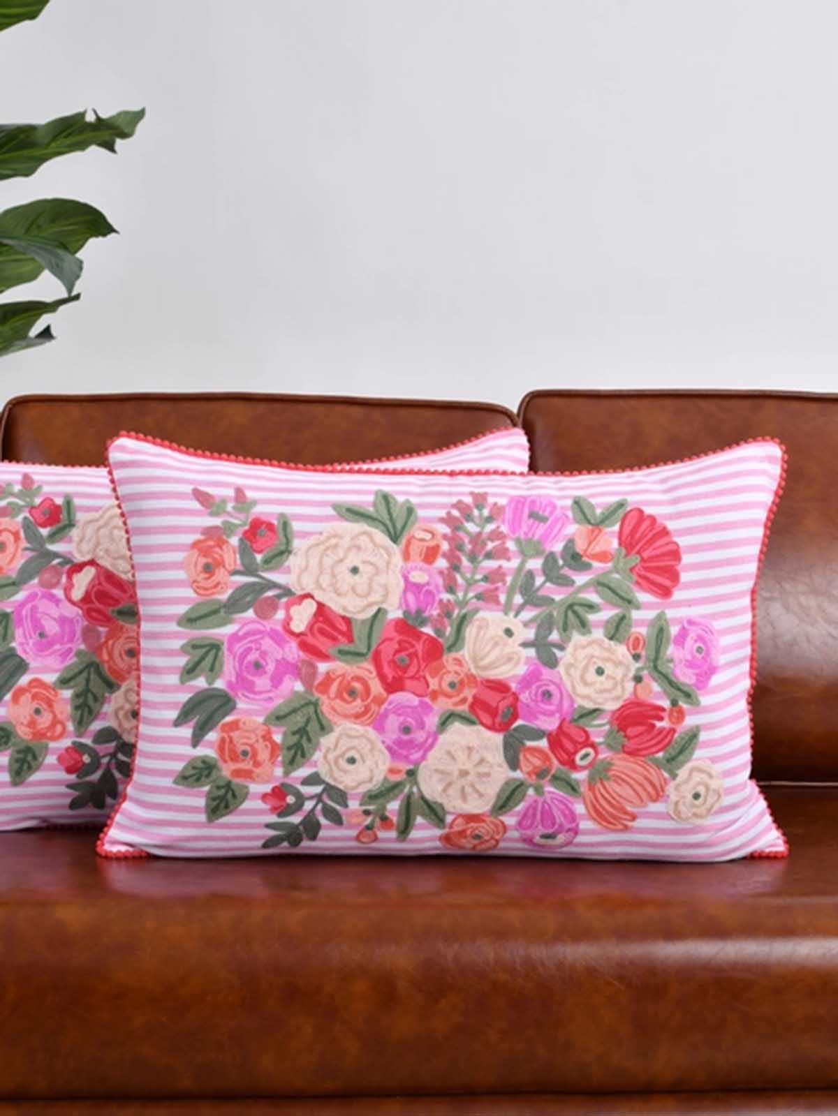 Pillow 40x60 cm, striped pink/white pink with flowers - Remix by Sofie