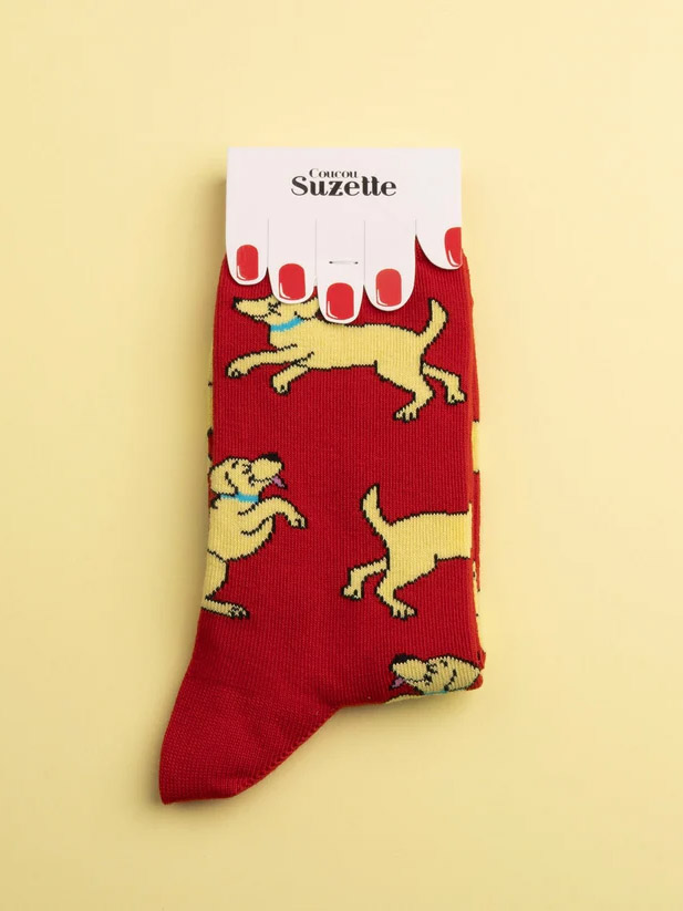 red and yellow laberador, socks with dogs, remix by sofie, cou cou suzette, stockings, stockings in cotton, italian cotton, stockings produced in cotton,