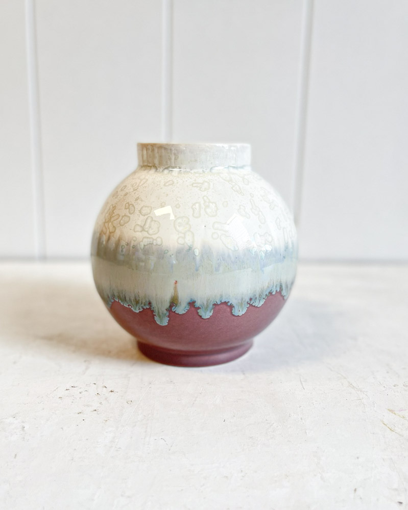 small ceramic ball vase lena pedersen in dark pink and cream