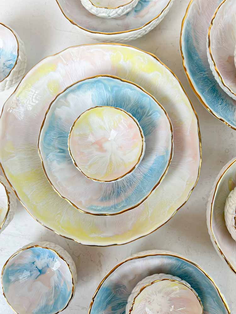 ceramic by miabella ceramic jewelry bowls - large porcelain jewelry bowls in pink and light blue at remix by Sofia.