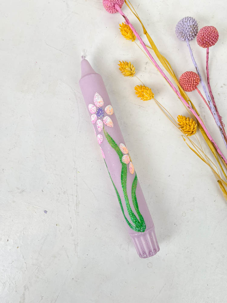 hand-painted candles in candlesticks with flowers - ahnelight