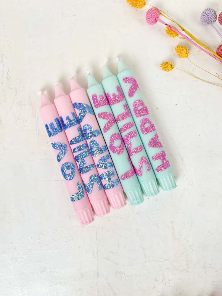 hand-painted candles in candlestick with love, smile and happy - ahnelight