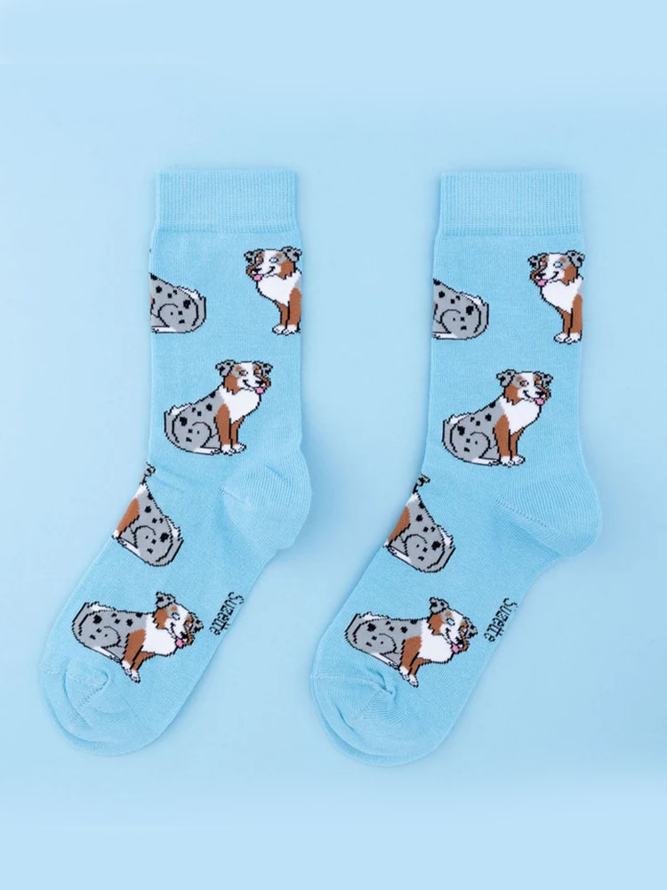socks with dogs light blue with Australian shepherd dog