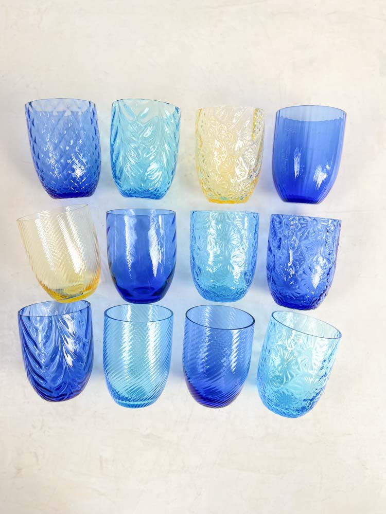 Anna von Lipa water glass and drinking glasses in blue and yellow colours and different patterns