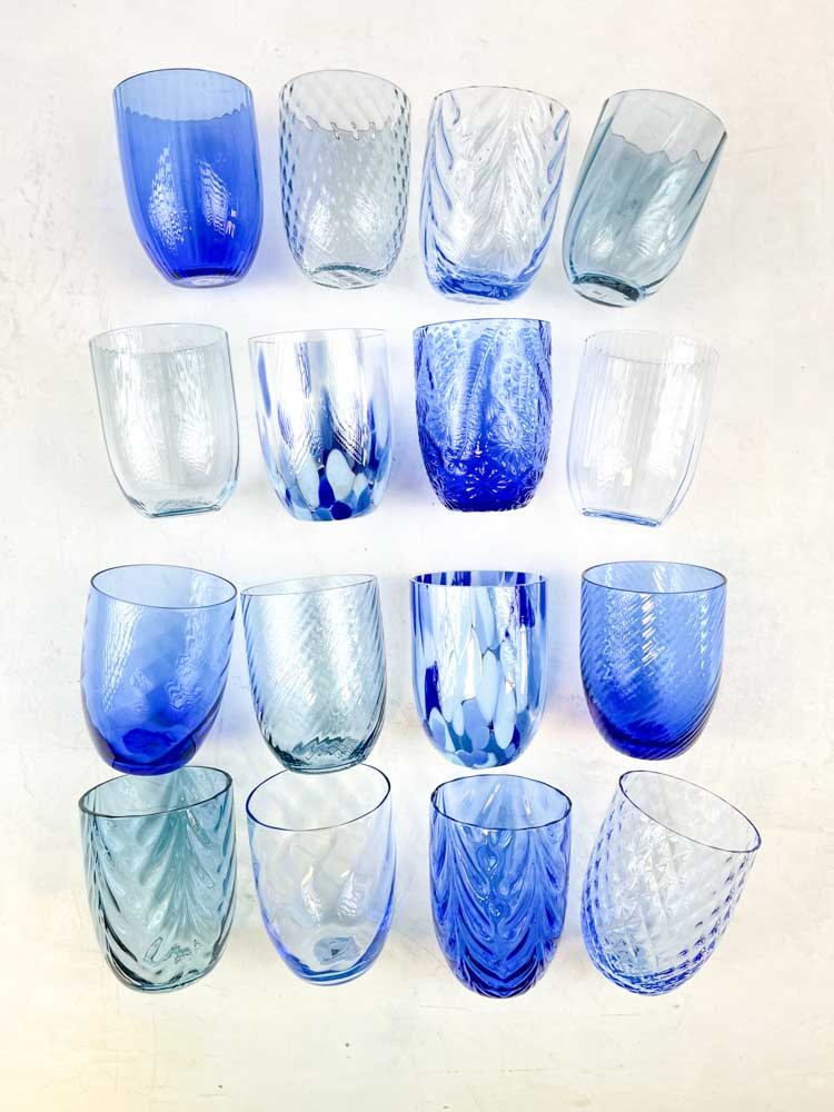 Anna von Lipa water glass and drinking glasses in blue and yellow colours and different patterns