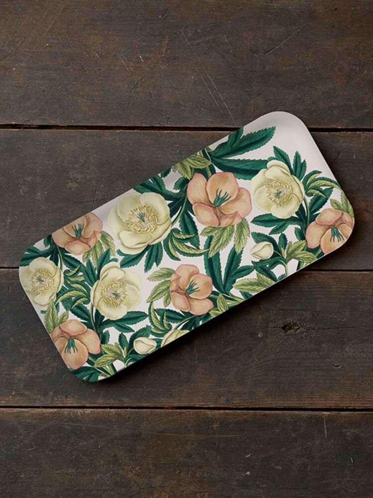 oblong birch wood tray with Christmas roses