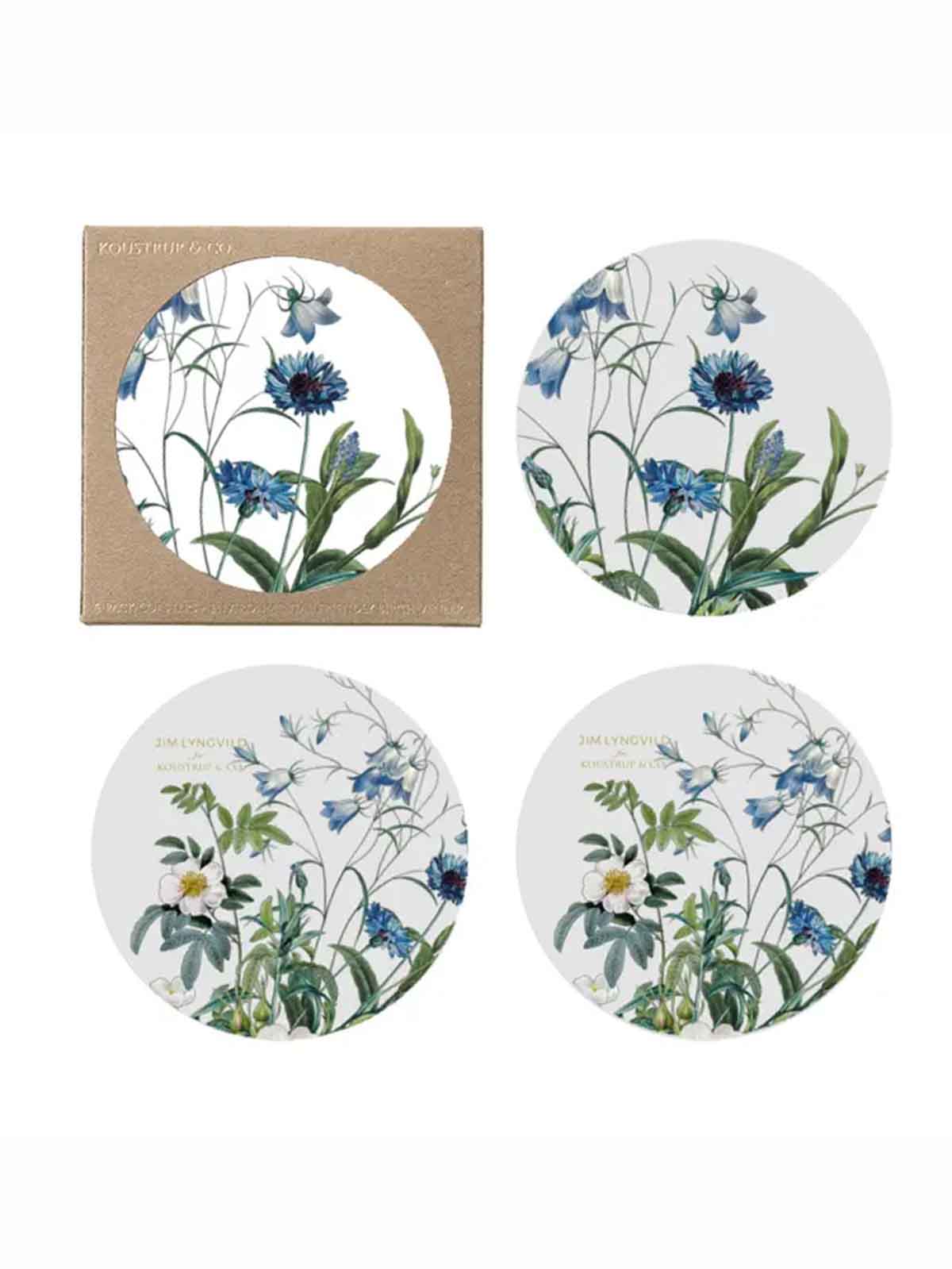 borskåner or coasters for glass and warm items from koustrup & co. in birch wood with blue flowers.