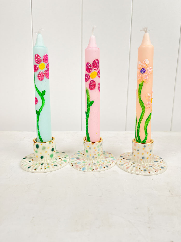 ceramic candlesticks from gallery petz made in porcelain clay with dots and gold