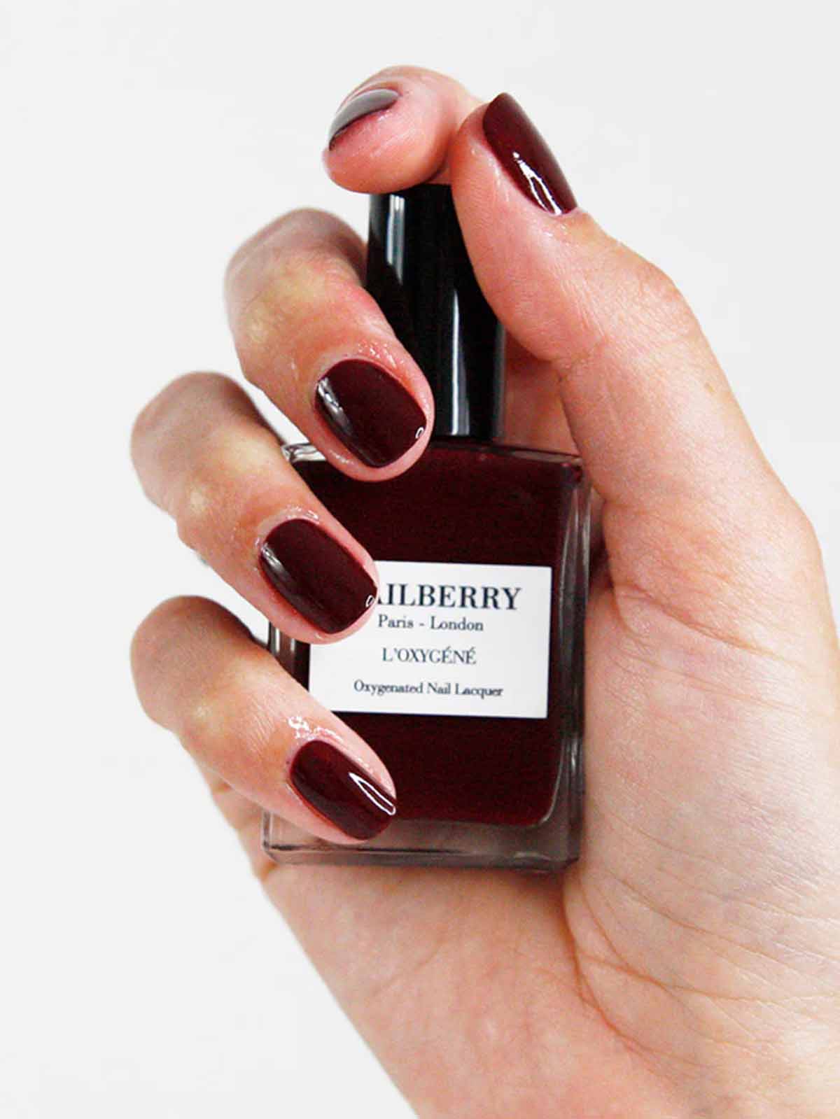 nailberry nail polish vegan and not tested on animals. grateful as a beautiful dark red color.